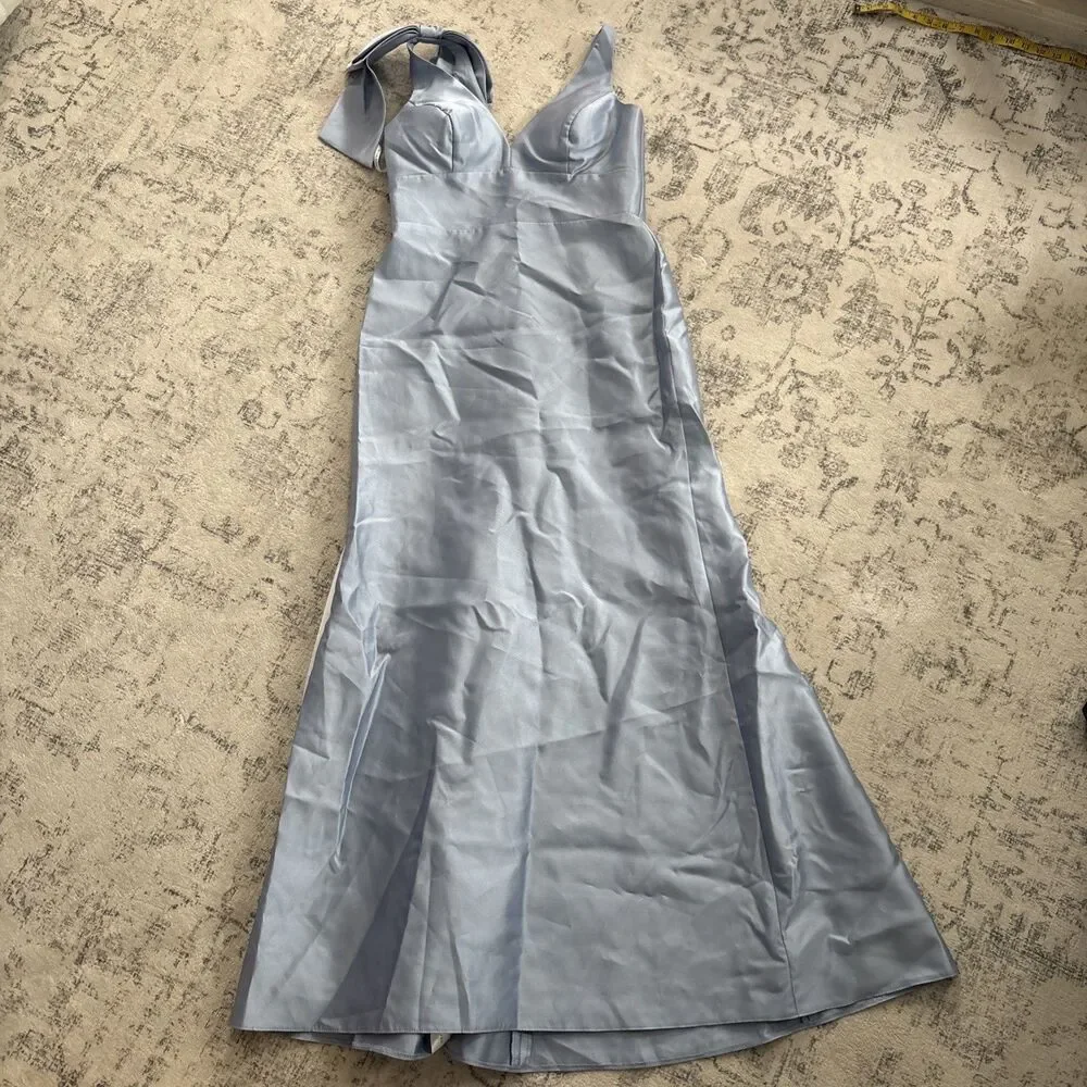 Alfred Sung Deep V Back Satin Trumpet Dress Cloudy Blue Size 10 NWT Bow Shoulder - Picture 2 of 9